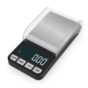 Digitalvekt med maks kapasitet 500g og 0.01g presisjon, ideell for smykker, urter, mynter og hobbybruk.