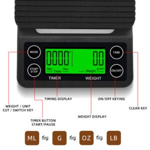 LCD-display på kaffevekt CX-C07 som viser vekt i gram og timer under brygging