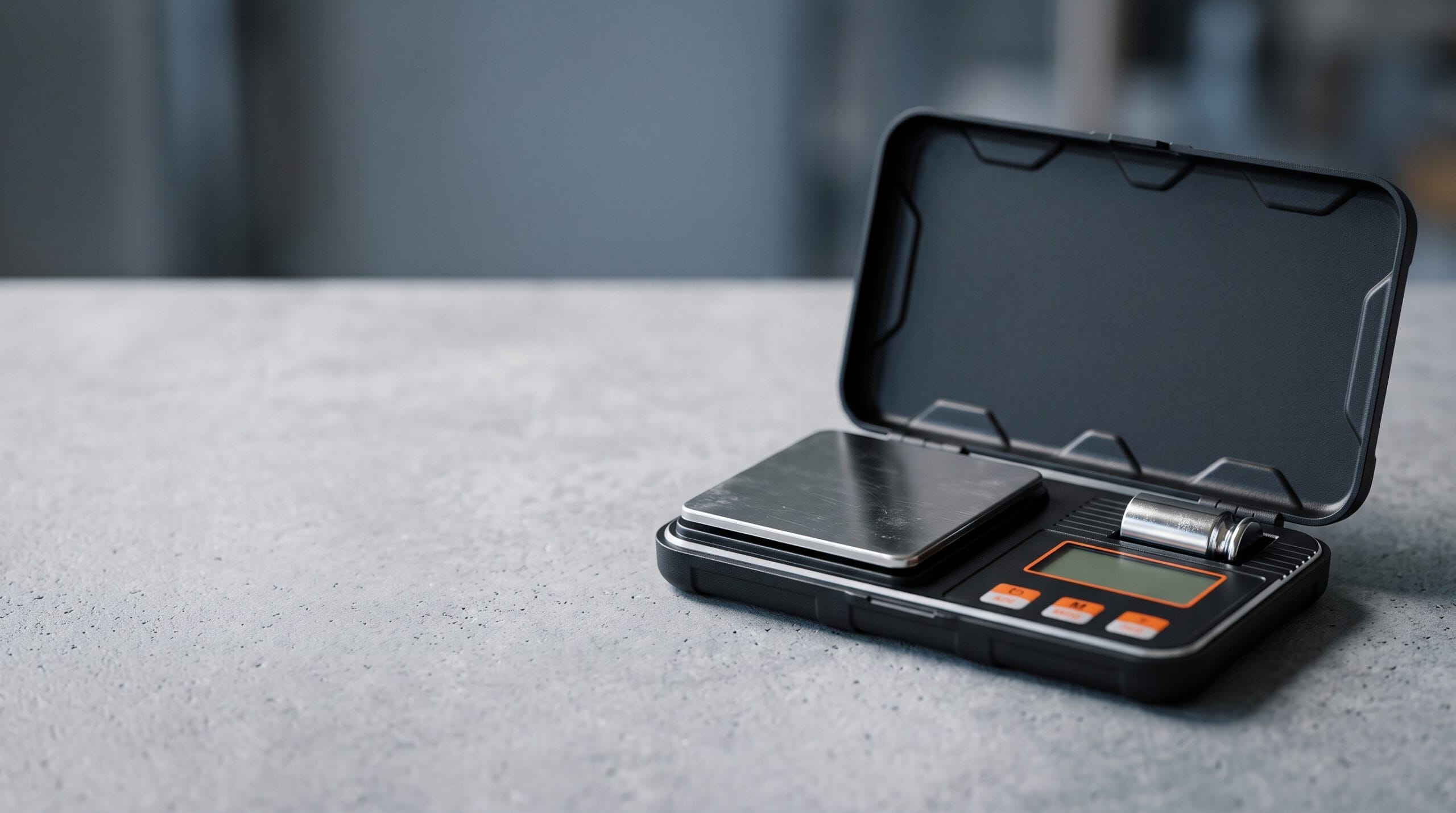 Digitalvekt CX-298 med åpent lokk på en steinbenk